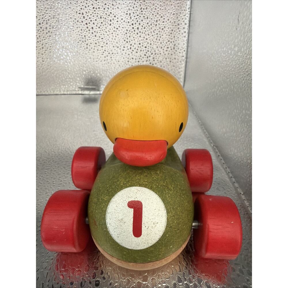 Plan Toys Duck Racer Push Race Car Number One #1 Painted Wood Racing PlanToys